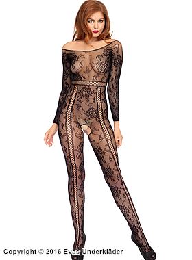 Sexy Bodystocking, Netz, offener Schritt, off shoulder, Blumen